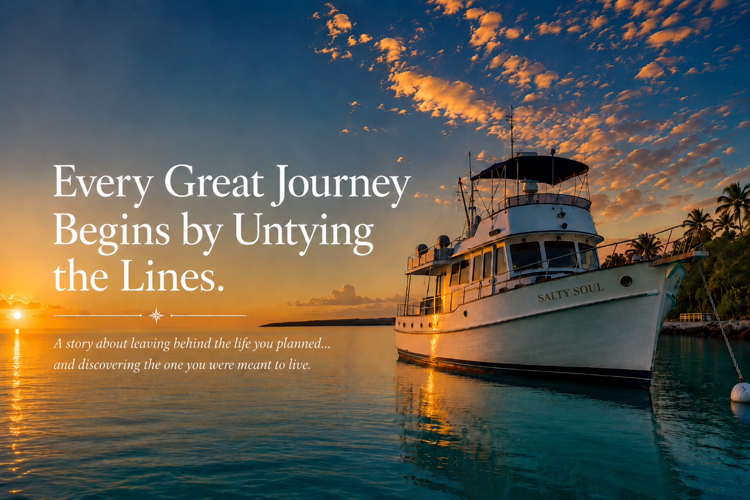The Journey of a Salty Soul Hero Image Grand Banks trawler at sunrise representing The Journey of a Salty Soul by Michael Hoskins.